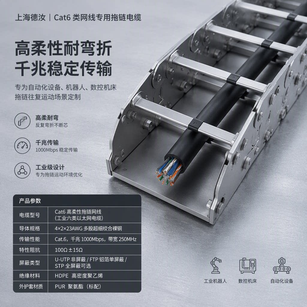 上海德汝 Cat6 类网线专用拖链电缆厂家‑工业高柔六类拖链网线 可定制 全国发货